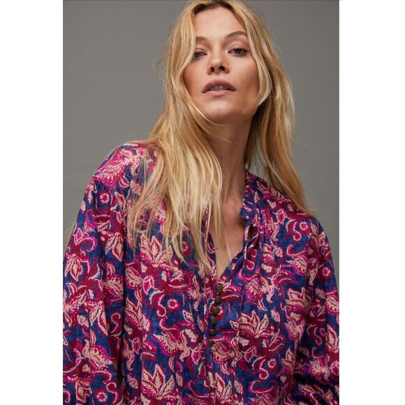 Pilcro Anthropologie Pink Blue Floral Boho Peasant Button Front Blouse Top Women - Picture 3 of 10